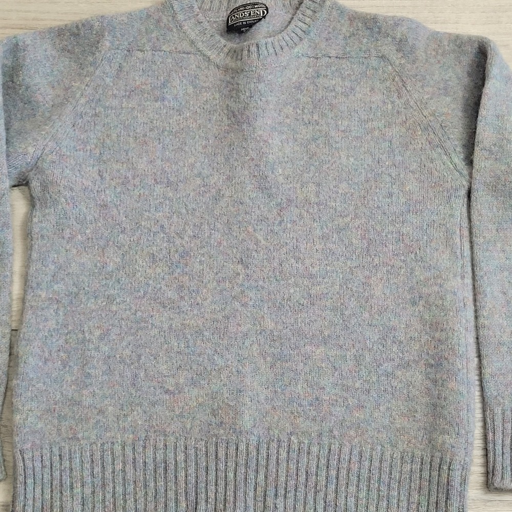 🐑Vintage Lands End Sweater Men M Blue Gray Shetland Wool Crewneck Made England - Picture 3 of 11